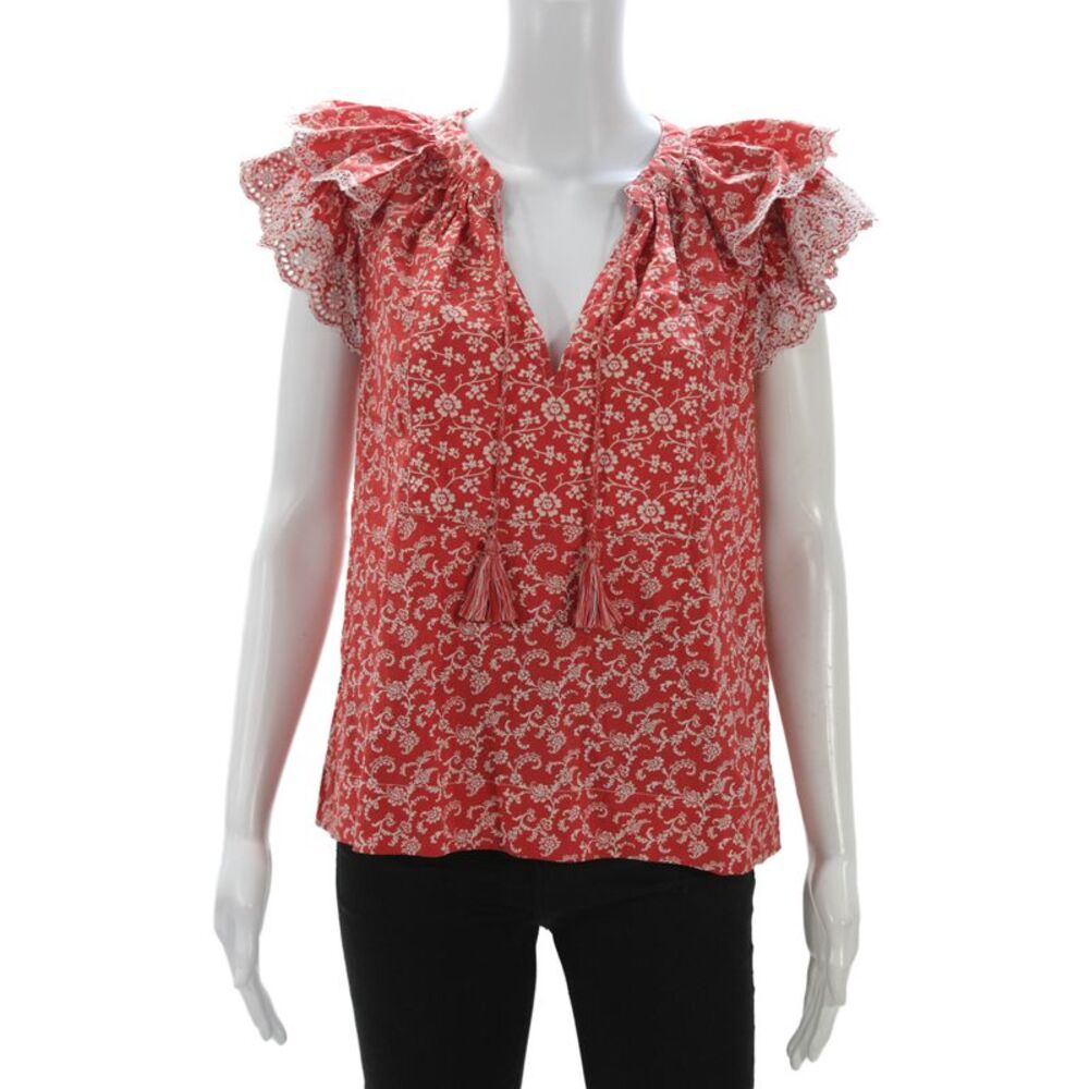 Ulla Johnson Women Tunic Blouse Red Floral V-Neck Drawstring Cap Sleeve Size 0